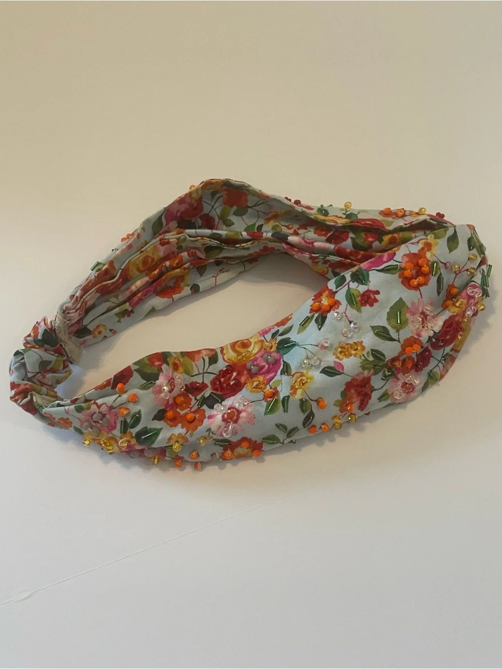 Josefina by Vero Solis Floral Beaded Knotted Headband Turban Blue